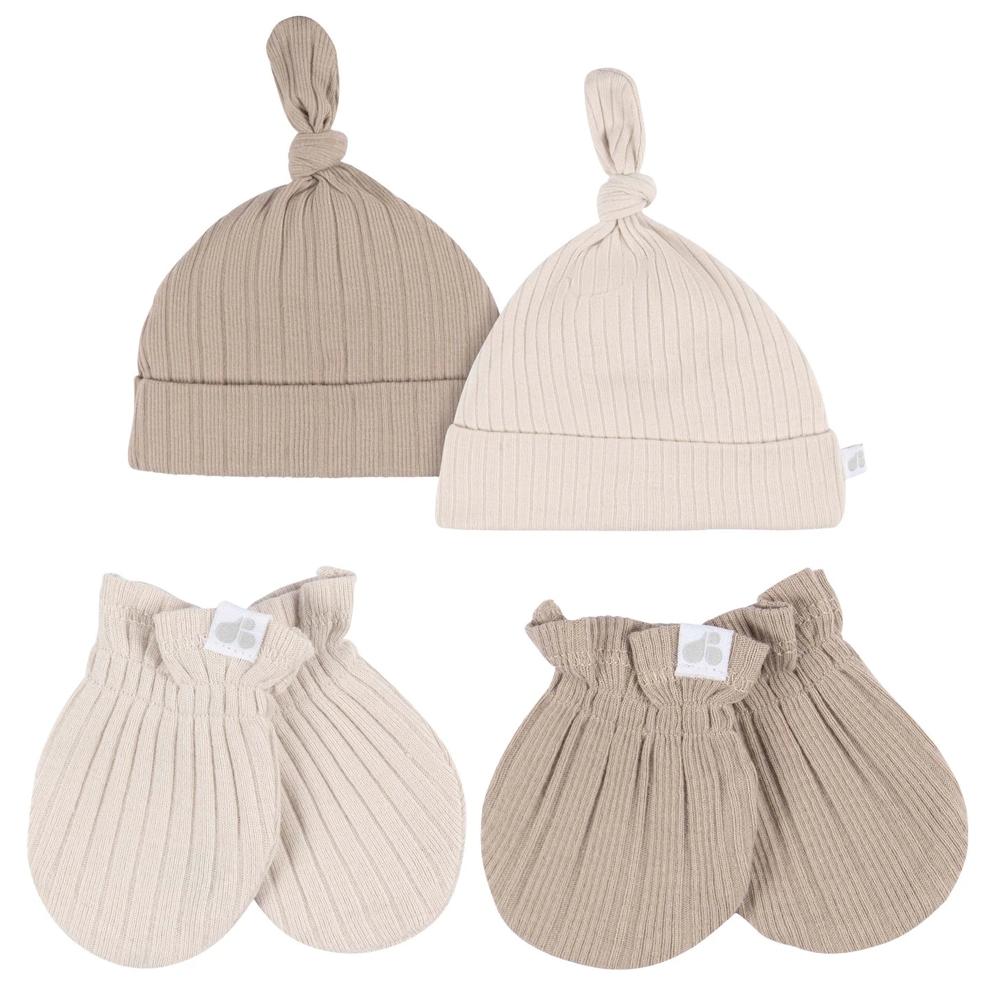 4 Piece Hat and Mittens- Tan (0-6 Months)