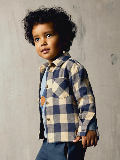 Beige & Blue Plaid Button Up